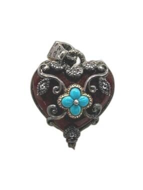 Vintage Heart-Shaped Ornate Pendant with Turquoise Flower and Pearl Accent